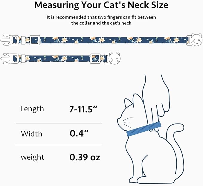 2 Pack Cotton Breakaway Cat Collar White and Blue Flowers Pendant Cute Kitten - Image 3