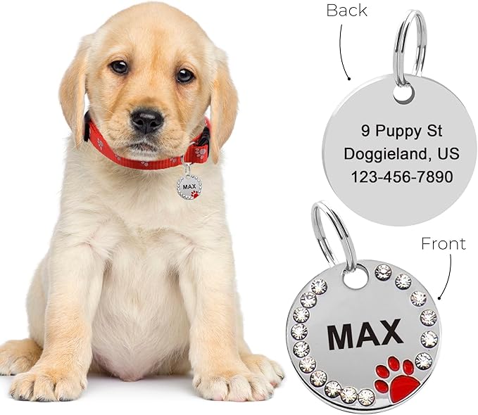 Paw Shape Dog ID Tag Stainless Steel Custom Laser Engraved, Cute Bling Glitter - Image 5