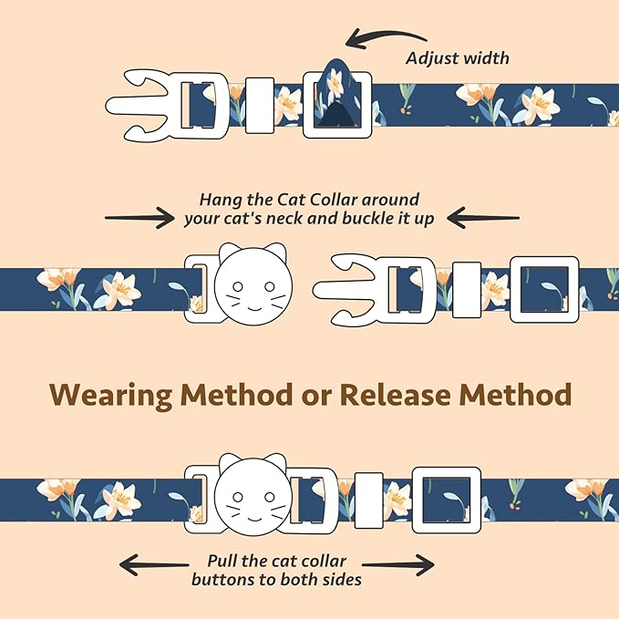 2 Pack Cotton Breakaway Cat Collar White and Blue Flowers Pendant Cute Kitten - Image 5