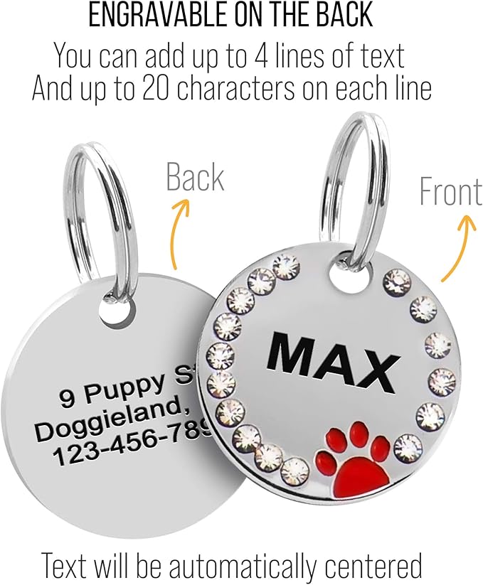 Paw Shape Dog ID Tag Stainless Steel Custom Laser Engraved, Cute Bling Glitter - Image 2