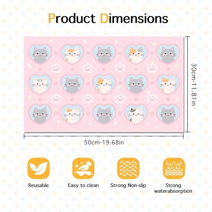 Cat Feedings Mats 20x12 inch Pink Kitten Print Pet Bowl Placemat Non Slip Mat - Image 6