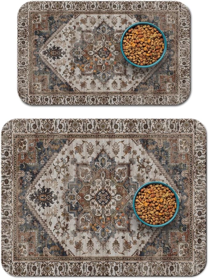 2 Pack Dog Food Mats for Floors, Absorbent and Quick-Drying Pet Cat Food Mat by QXWREL