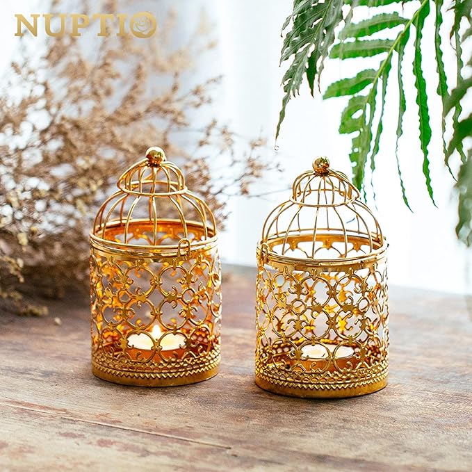 2 Pcs Small Metal Tealight Hanging Birdcage Lantern, Vintage Decorative - Image 3