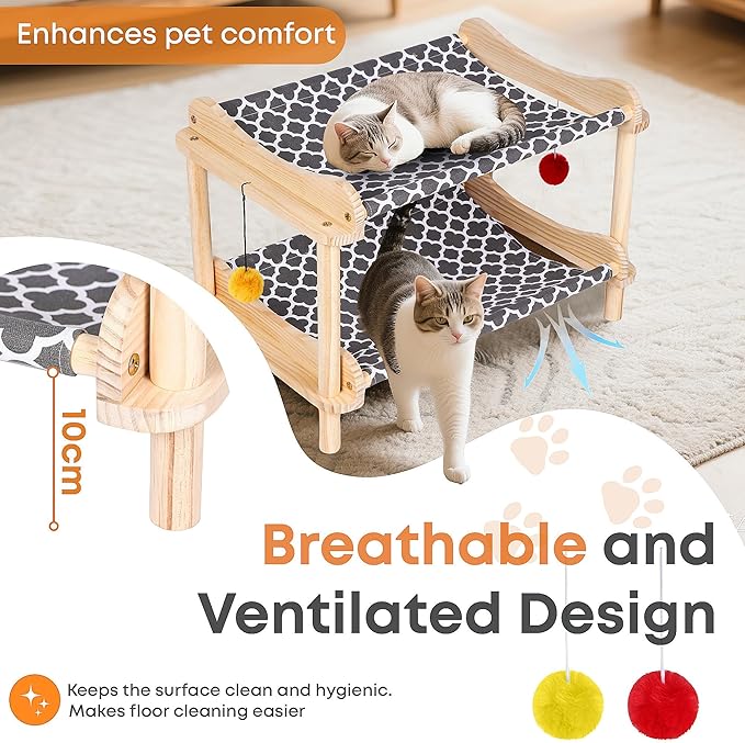2-Layer Cat Hammock Bed, Breathable Washable Covers, Wooden Pet Furniture - Image 3