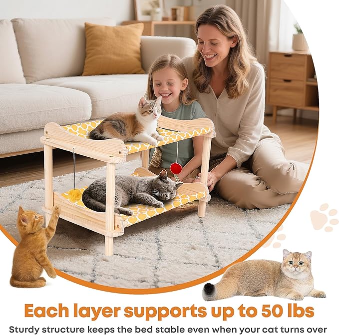 2-Layer Cat Hammock Bed, Breathable Washable Covers, Wooden Pet Furniture - Image 5